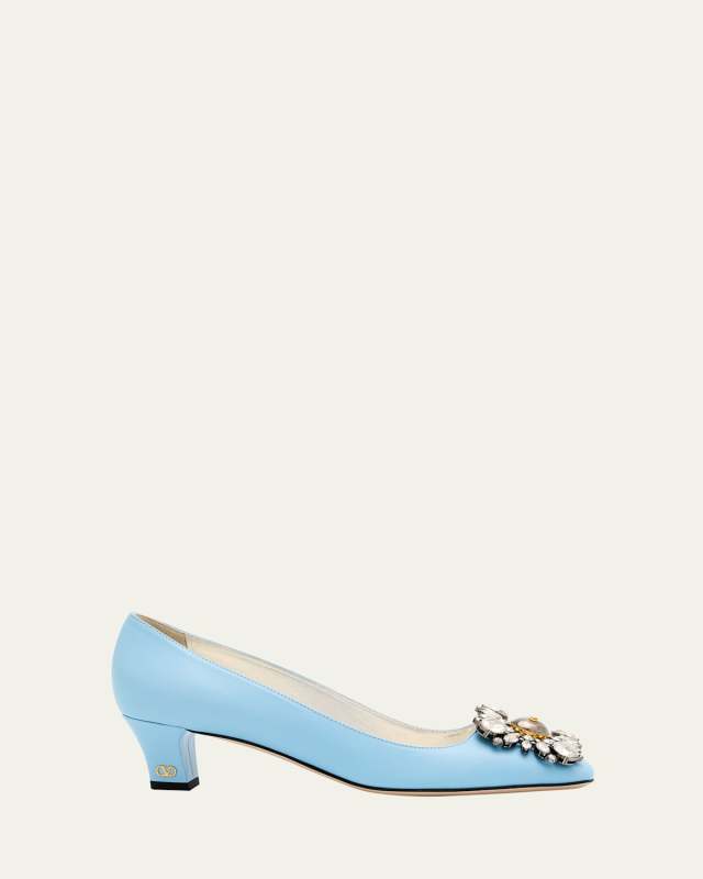 Leather Crystal Ornament Pumps